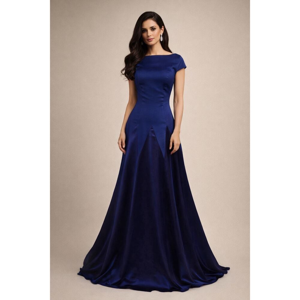 Talbot Runhof Navy Blue Evening Gown Maxi Dress Cap Sleeve Formal Size 8